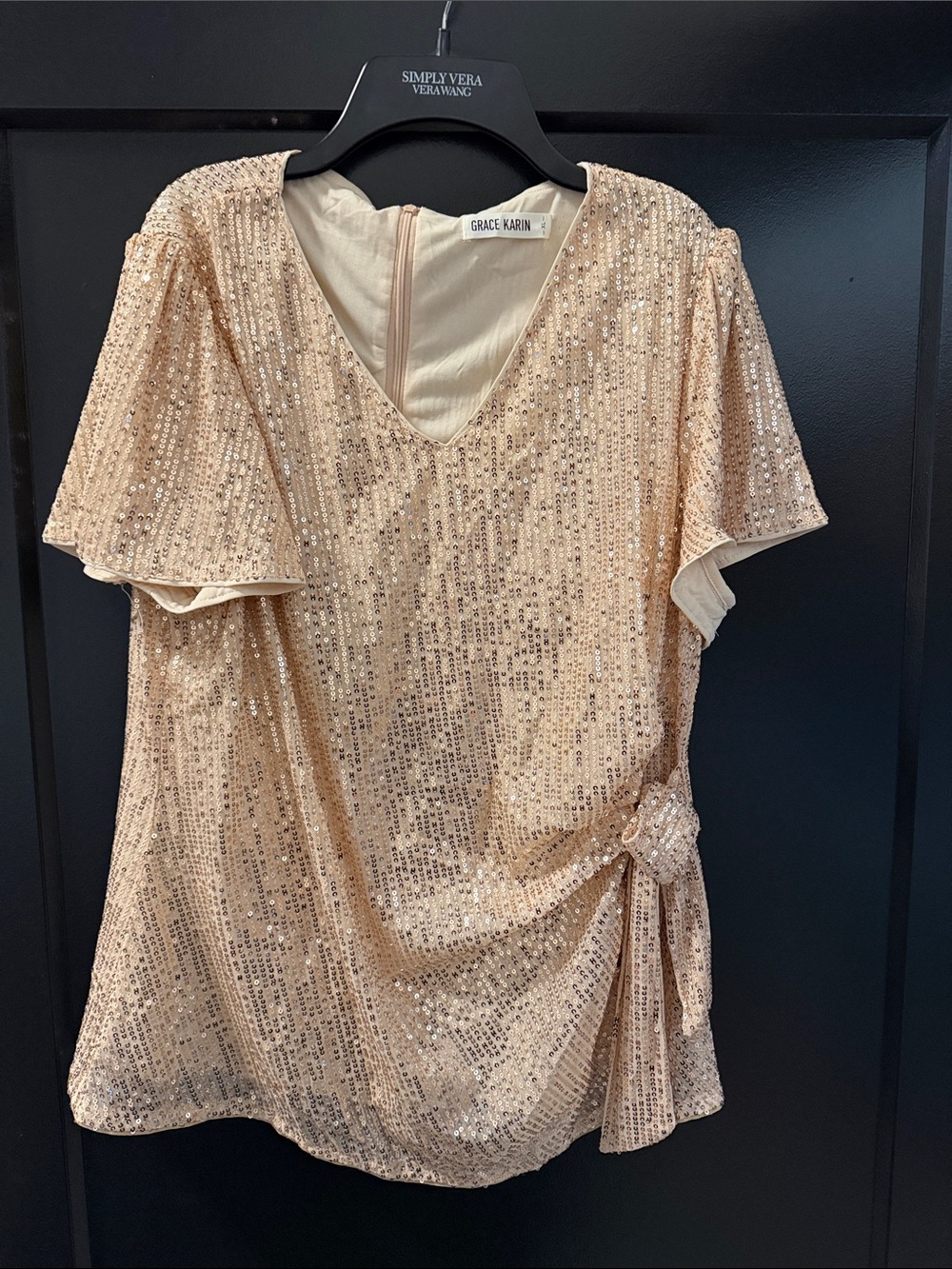 Grace Karin Sequin V-Neck Blouse in Champagne Gold